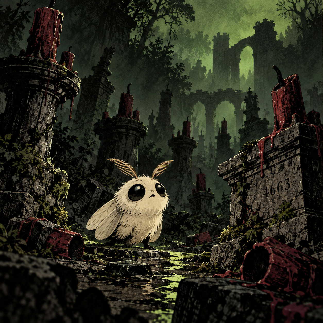 Blockmoth explores a graveyard of extinguished candle pillars