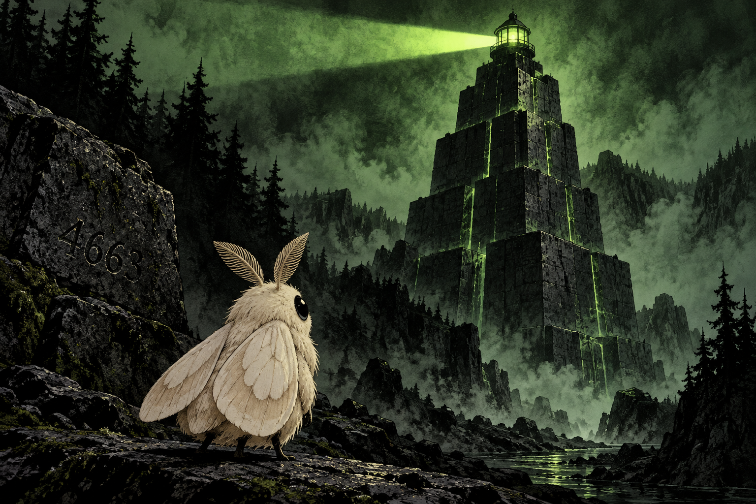 A mysterious green lighthouse built from dark blocks